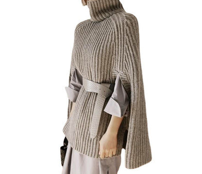 Damen Strickponcho Hochkragen Seitenschlitze Eveloria