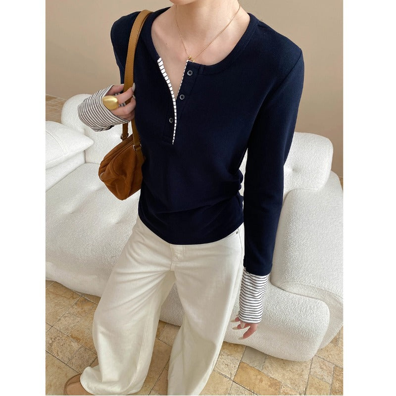 Damen Langarmshirt Gestreift mit Knopfverschluss
