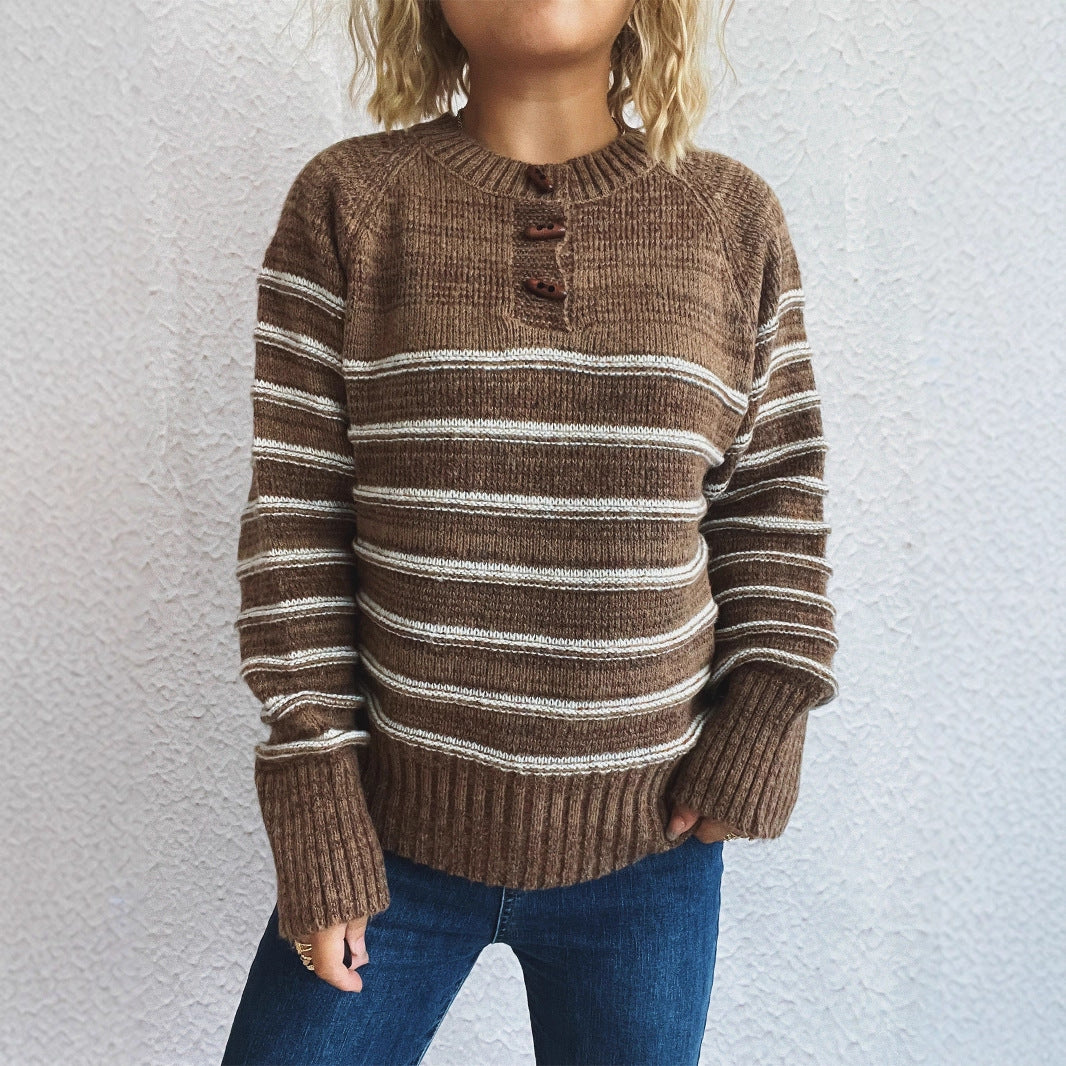 Damen Strickpullover Gemustert Knopfdetails Weiter Hals