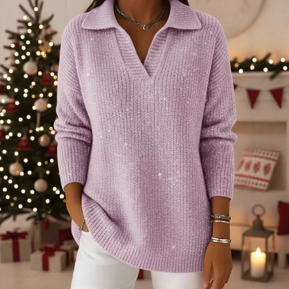 Damen Strickpullover Schimmer Effekt Moderner Kragen Eveloria