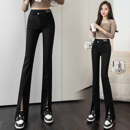 Damen Highwaist Flared Jeans mit Schlitzen Schwarz Eveloria - Eveloria