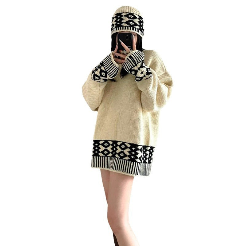 Damen Strickpullover Rundkragen Geometrisches Muster Eveloria