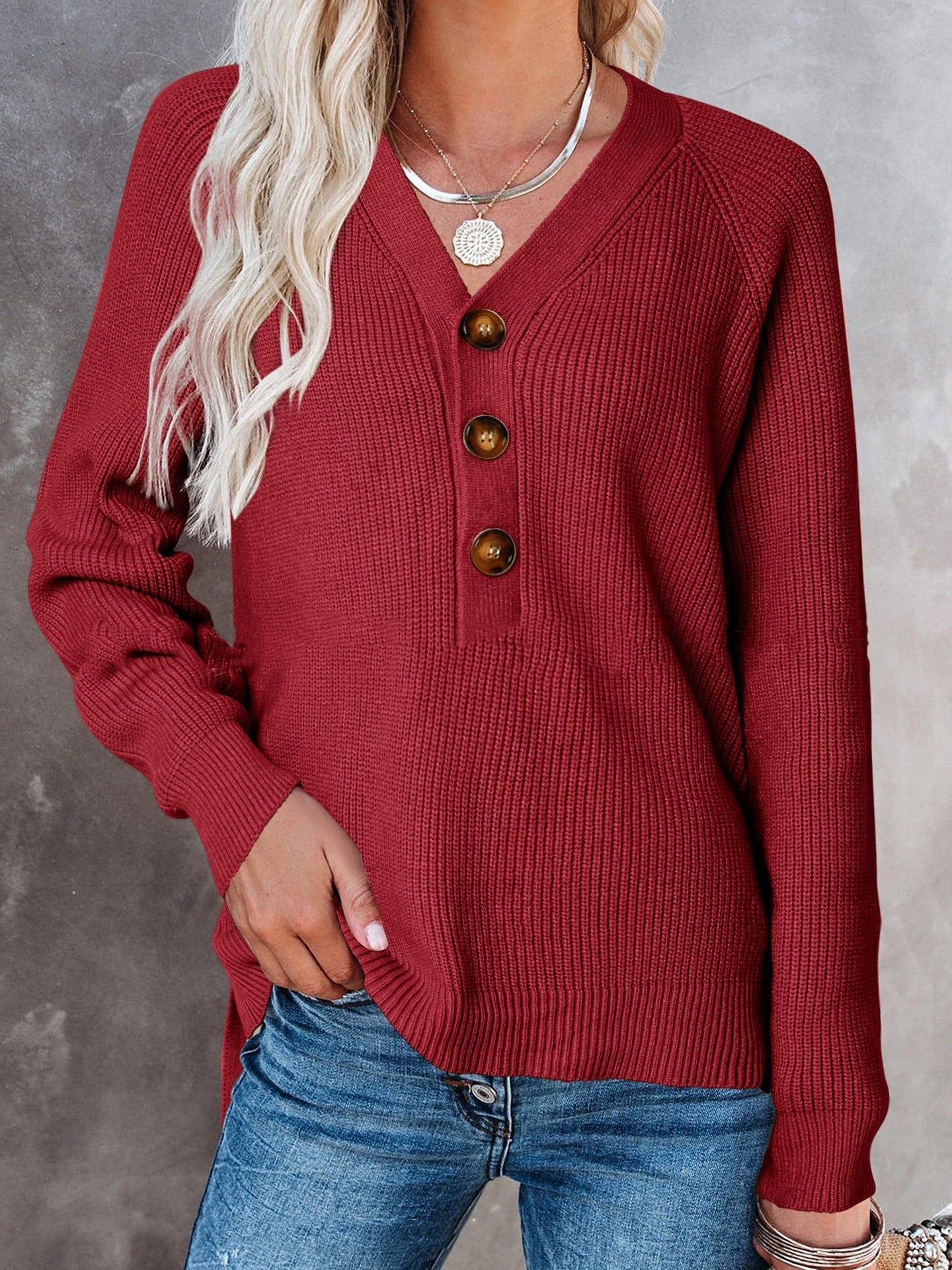 Damen Strickpullover Weit Schnitt Mit Knöpfen