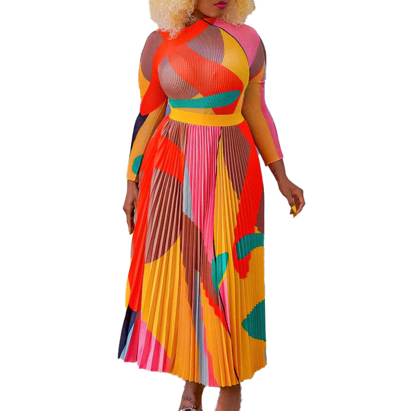 Damen Maxikleid Modernes Grafikdesign Elegante Plissee Optik