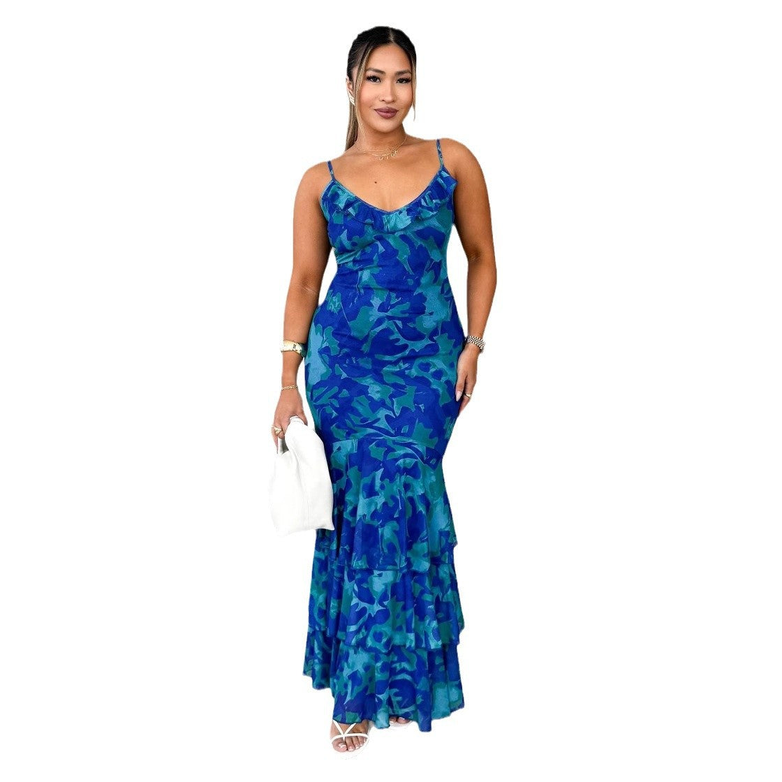 Damen Maxikleid Voluminöser Rock Rüschen Detalle Eveloria