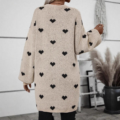 Damen Strickjacke Herzmuster Lässig Grün