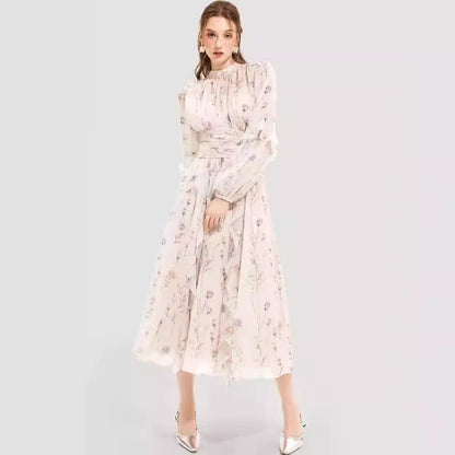 Damen Midi-Kleid Florale Stickerei Rüschensaum Eveloria