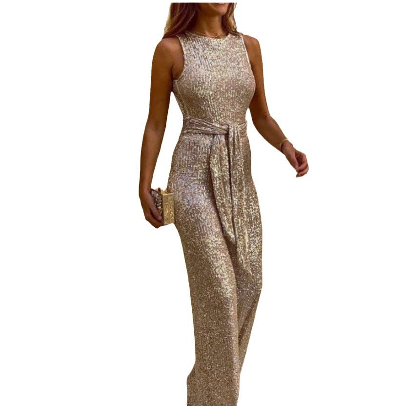 Damen Maxikleid Glänzende Pailletten Elegante Taillenbindung