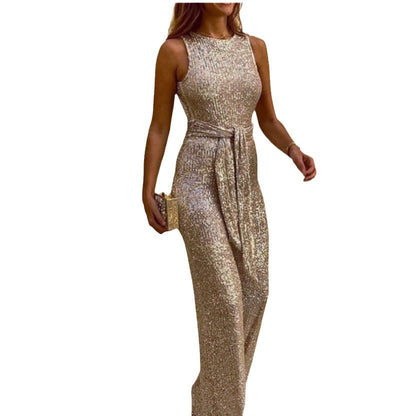 Damen Maxikleid Glänzende Pailletten Elegante Taillenbindung