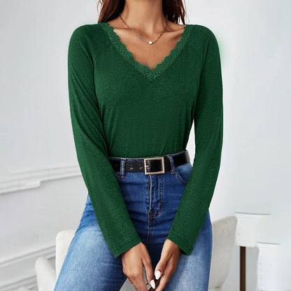 Damen Langarmshirt V-Ausschnitt Spitze Weiß