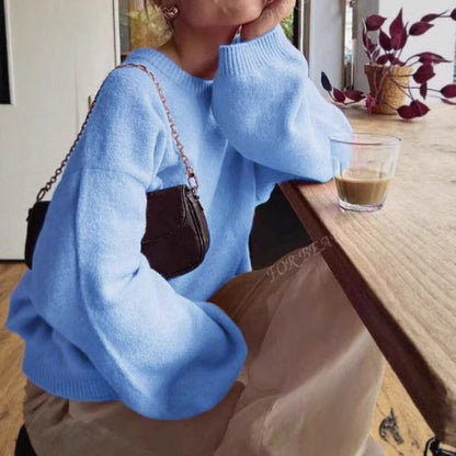 Damen Rundhalspullover Feine Strickmischung Kuschelig Grau Eveloria