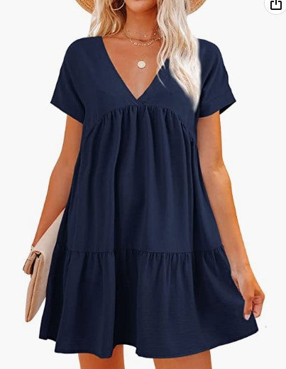 Damen V-Ausschnitt Kleid Weit schwingender Saum Eveloria