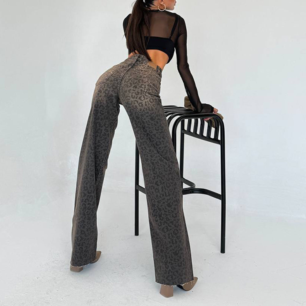 Damen Highwaist Leoprint Jeans Hose Eveloria