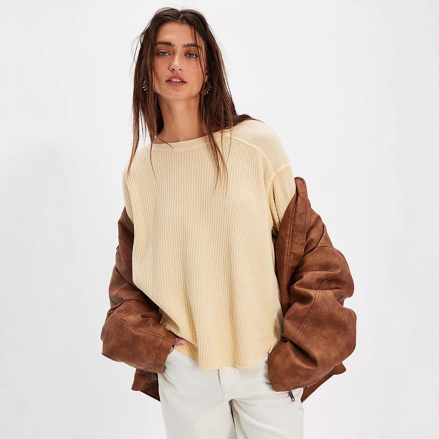 Damen Oversized Pullover Strukturiert Beige