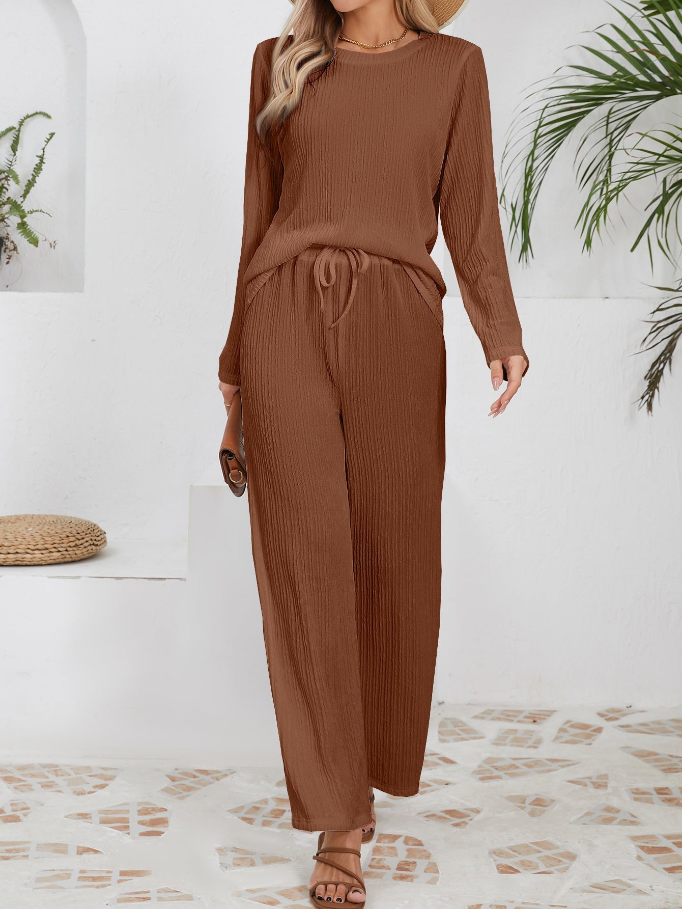 Damen Freizeit-Set Rippstruktur Elastischer Bund Beige
