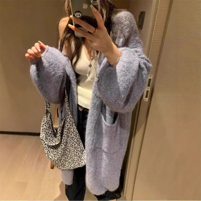 Damen Strickjacke Fluffig Weite Passform Große Taschen Beige