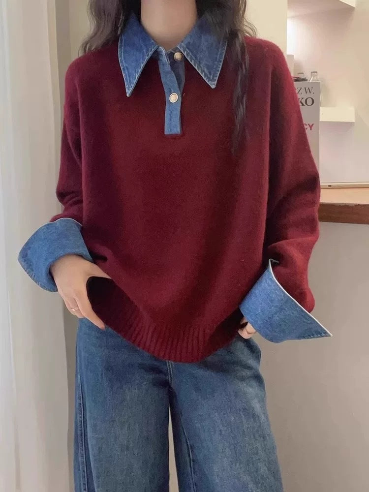 Damen Pullover Weiches Material Mit Hemdkragen Beige