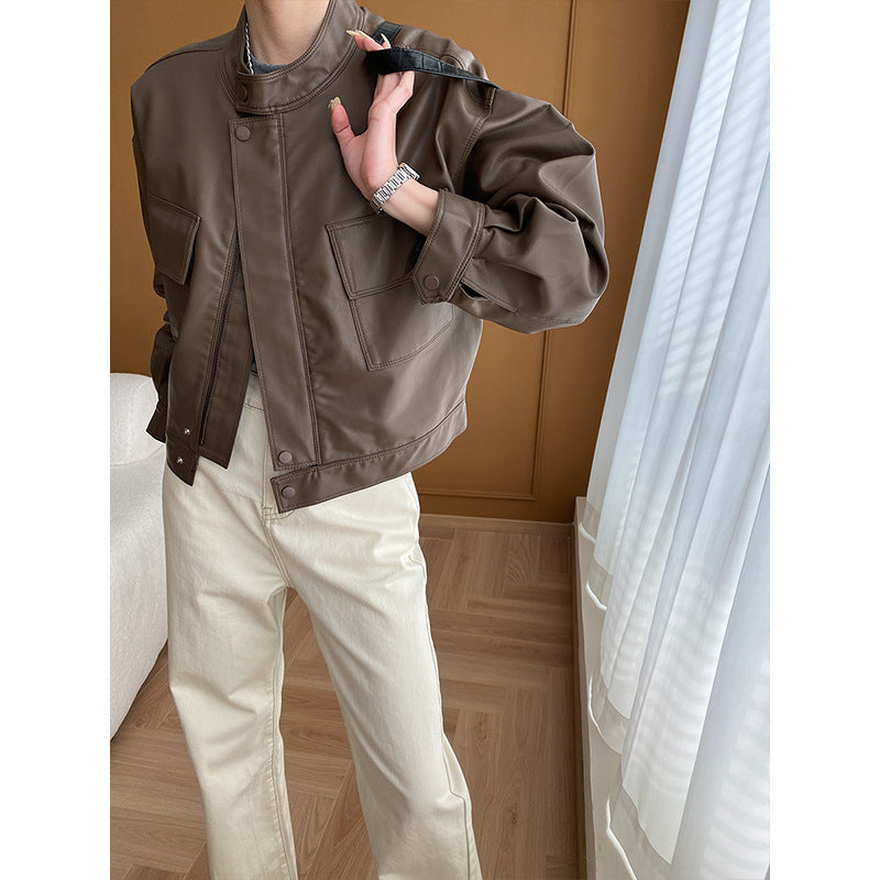 Damen Kunstlederjacke Sportlicher Schnitt Mit Taschen Eveloria
