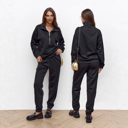 Damen Fleece-Loungewear-Set mit Reißverschluss Rippstruktur Eveloria
