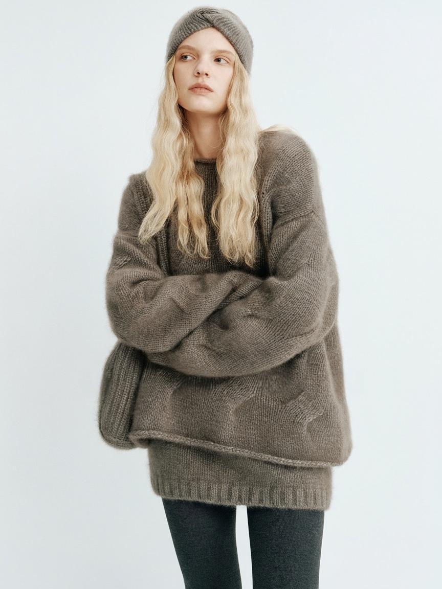 Damen Oversized-Pullover Mohair Kuschelig Beige
