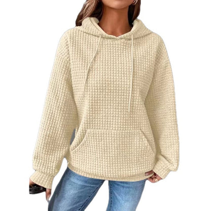 Damen Kapuzenpullover Waffelstruktur mit Kängurutasche Lässig Beige