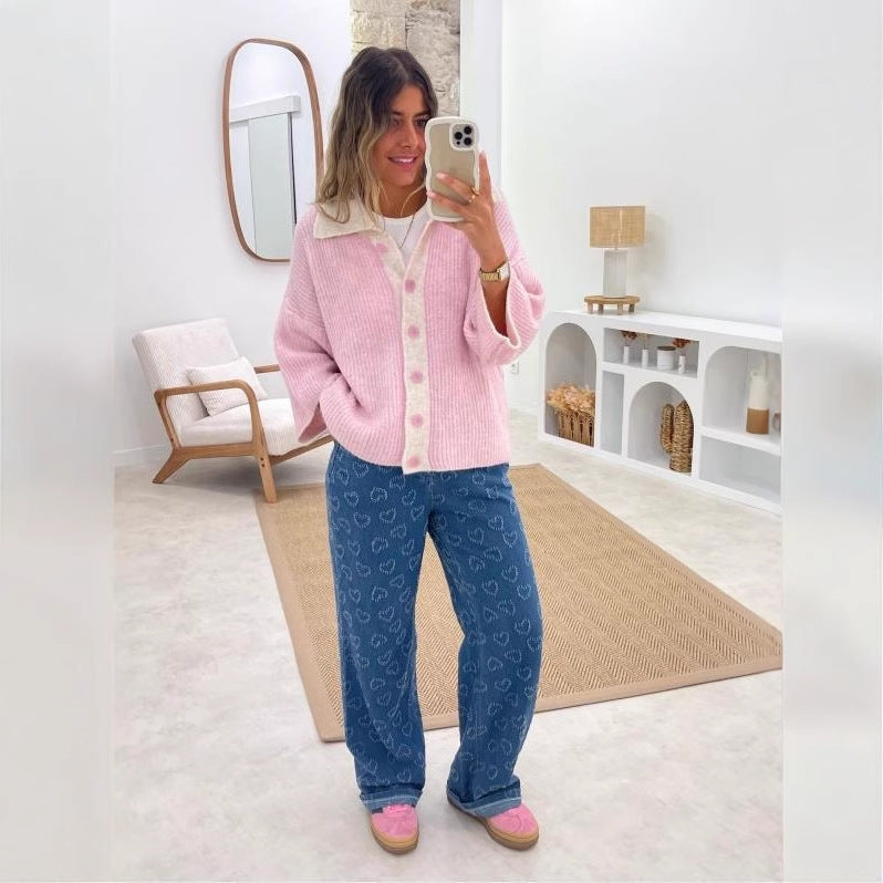 Damen Weite Jeanshose Floralmuster Eveloria
