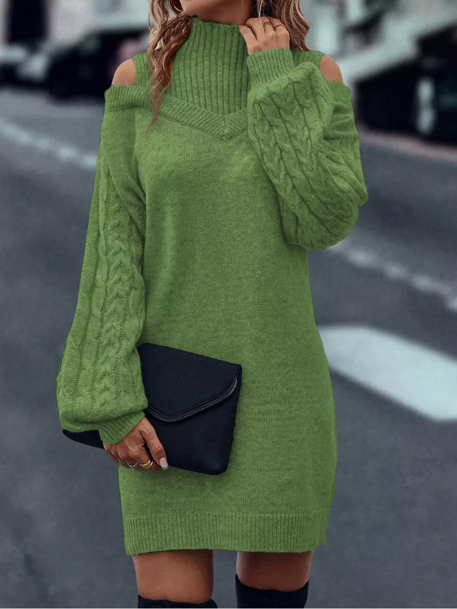Damen Strickkleid Asymmetrisch Off-Shoulder Voluminöse Ärmel