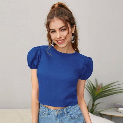 Damen Cropped mit Puffärmeln Rundhalsausschnitt