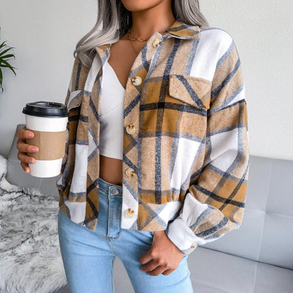 Damen Karo Overshirt mit Druckknöpfen und Brusttaschen
