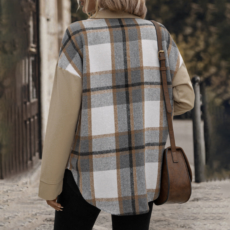Damen Oversized Hemdjacke Kariert Baumwolle Praktische Taschen