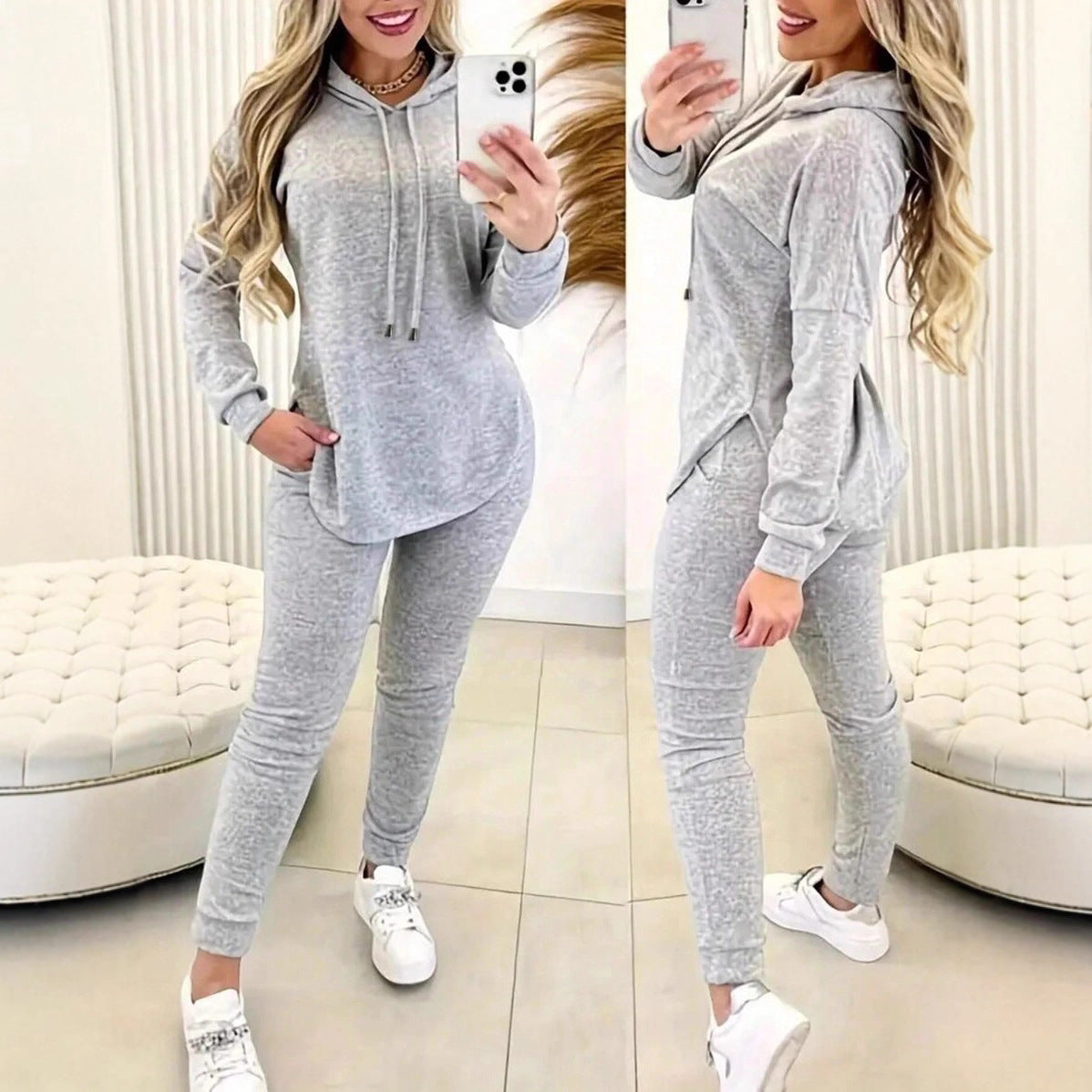 Damen Sportliches Lounge-Set Kapuze Taschen Grau - Eveloria