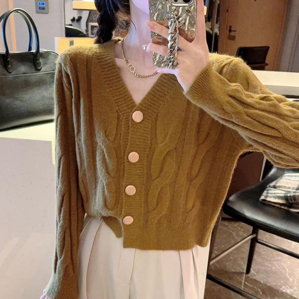 Damen Grobstrickjacke Weiches Material Dekorative Knöpfe Beige