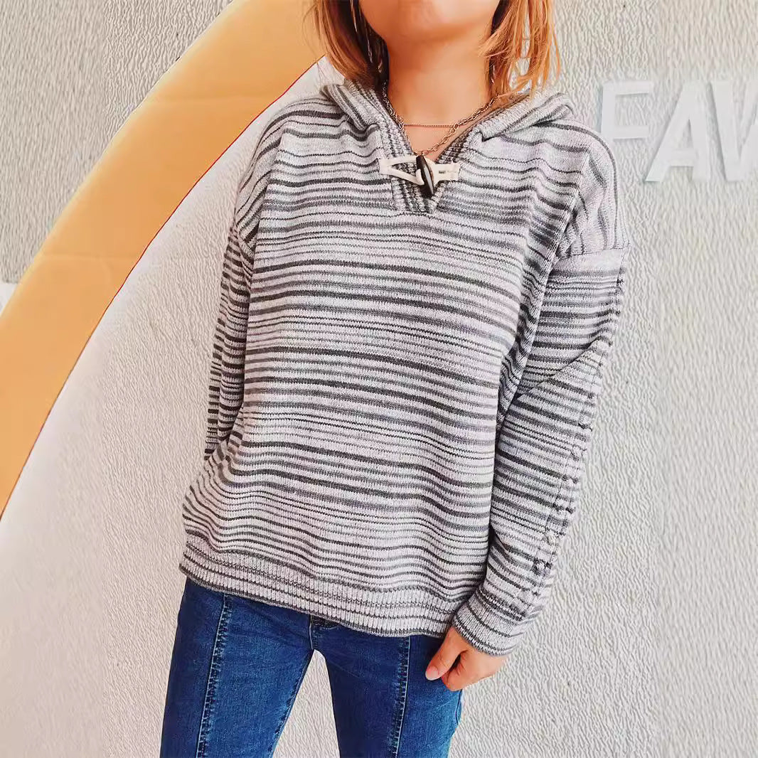 Damen Hoodie Streifen Breite Ärmel Kordelzug Weiss