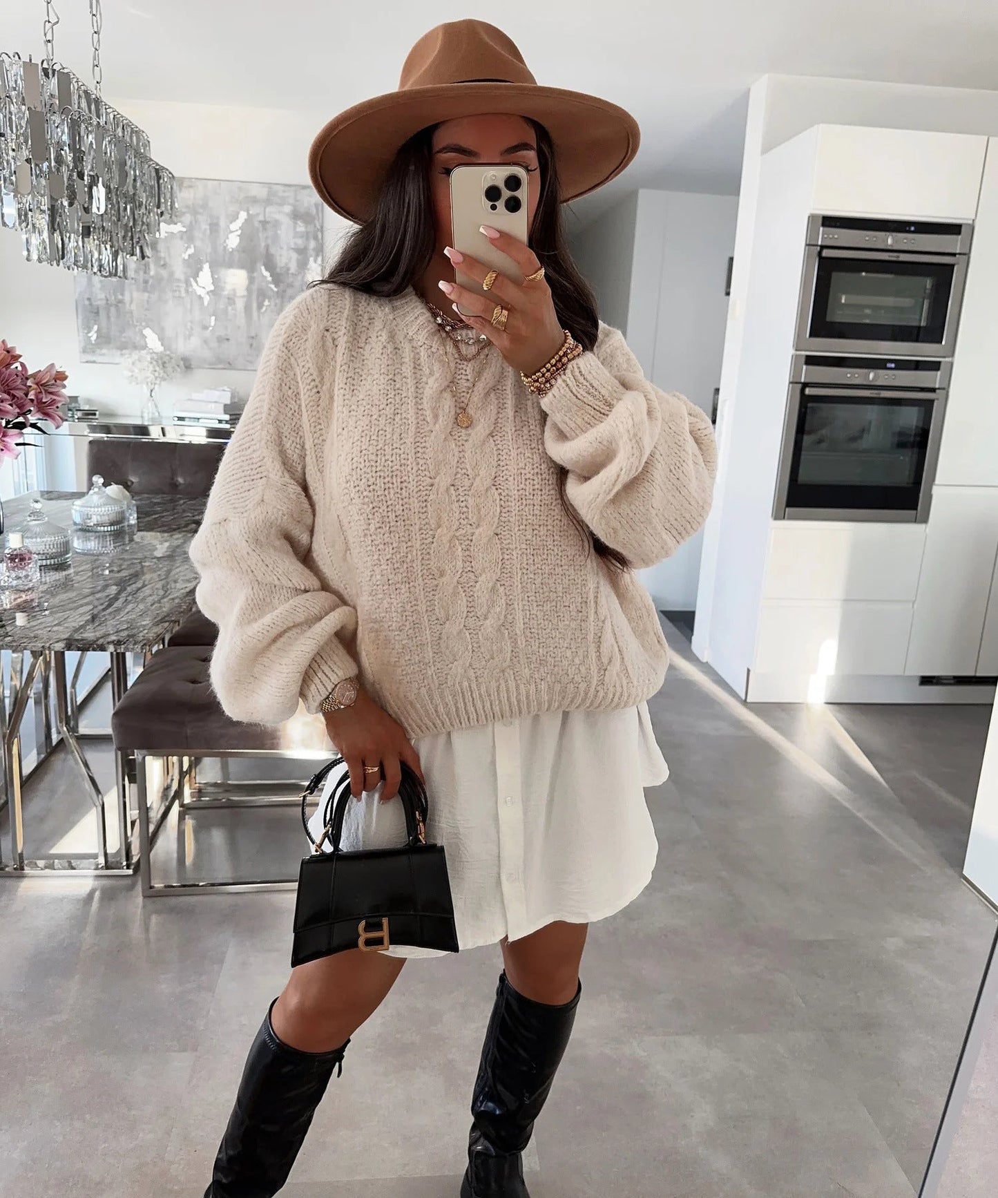 Damen Grobstrickpullover Voluminöse Ärmel Zopfmuster