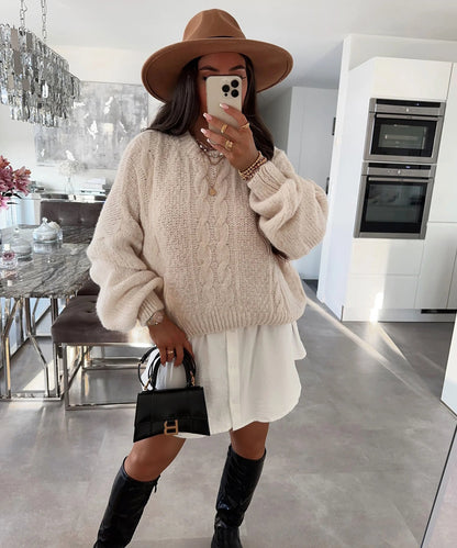 Damen Grobstrickpullover Voluminöse Ärmel Zopfmuster