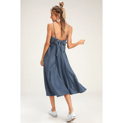 Damen Midi-Kleid Knopfleiste Spagettiträger Eveloria