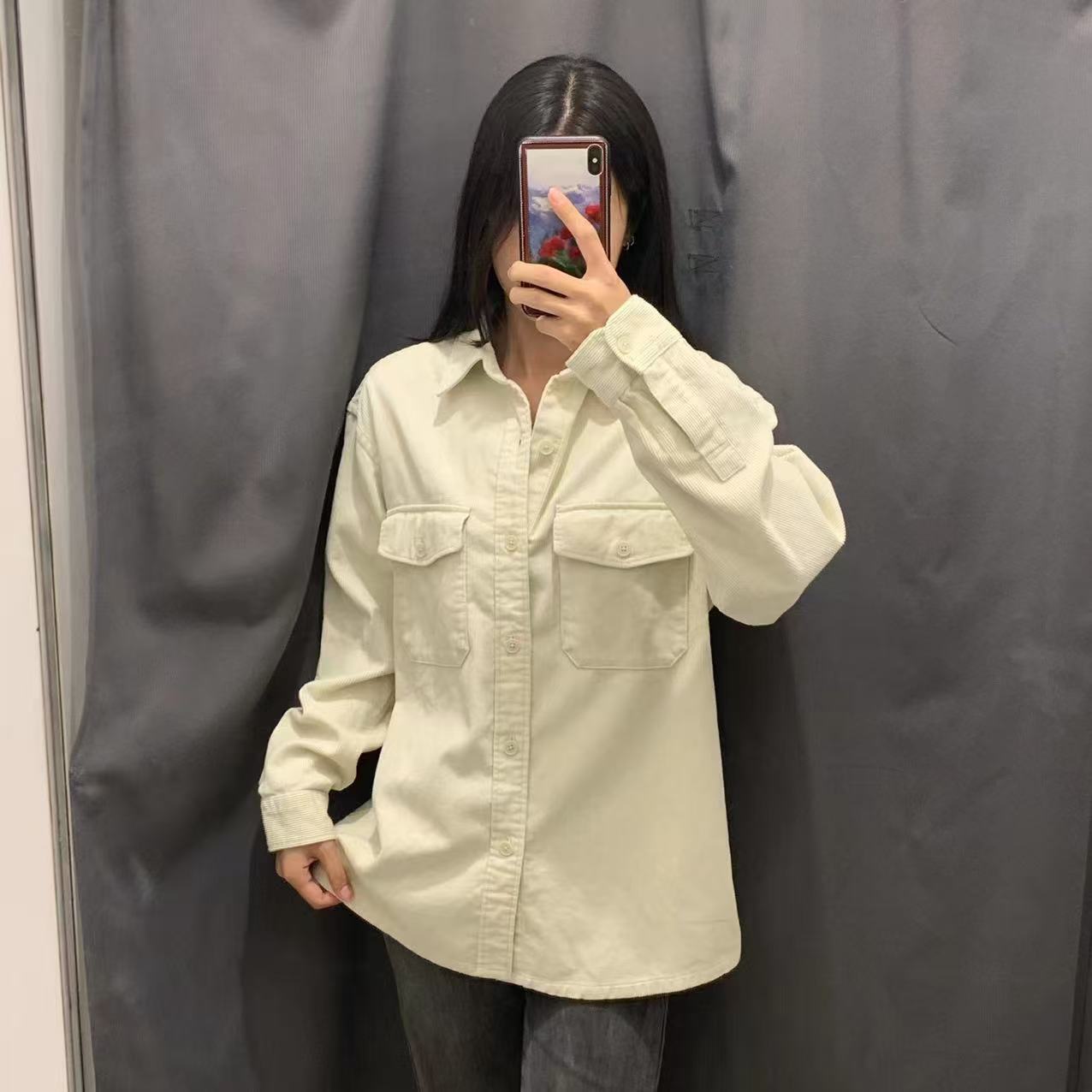 Damen Kordjacke Lässig Brusttaschen Braun