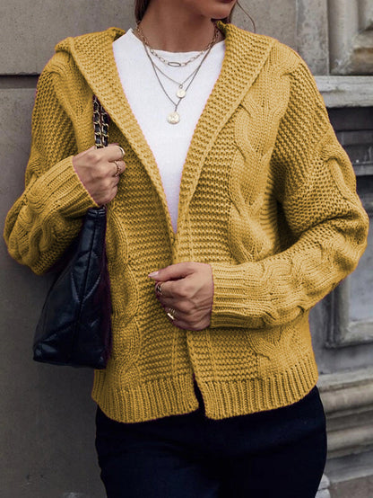 Damen Cardigan Grobstrick Kapuze Zopfmuster Beige