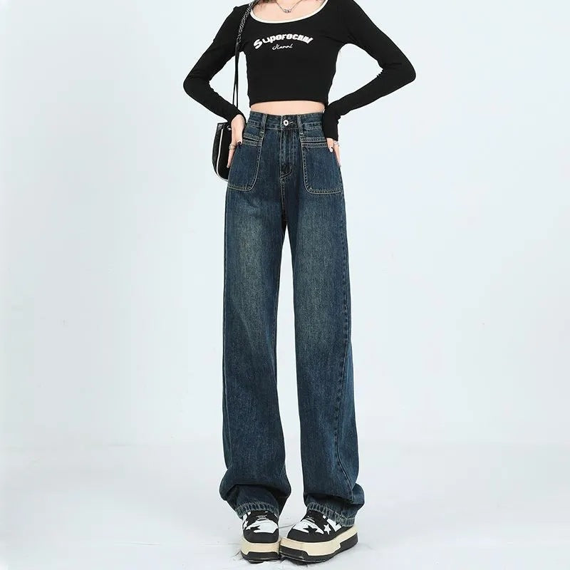 Damen Weite Denim-Hose Hohe Taschen Eveloria - Eveloria