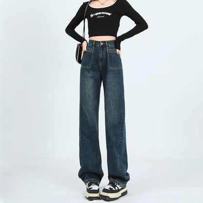 Damen Weite Denim-Hose Hohe Taschen Eveloria - Eveloria