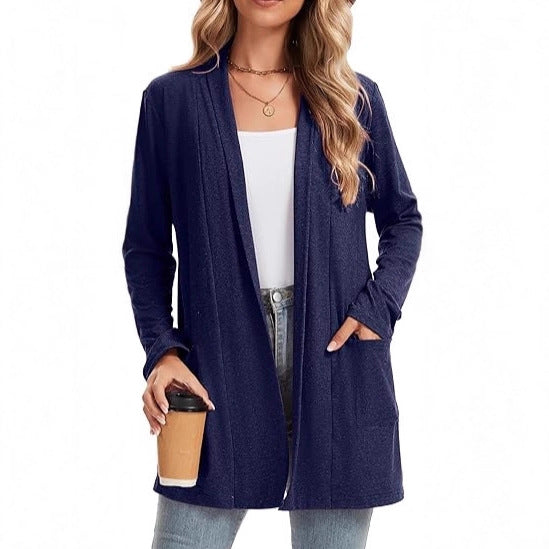 Damen Langarm-Cardigan Offene Front Taschen Beige
