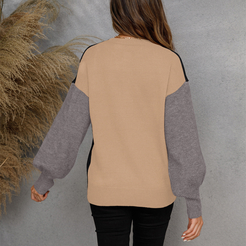 Damen Pullover Lässig Knopfleiste Kontrastärmel Eveloria