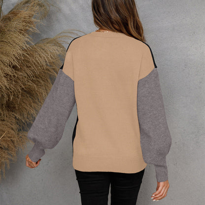 Damen Pullover Lässig Knopfleiste Kontrastärmel Eveloria