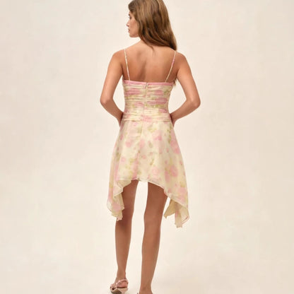 Damen Mini-Kleid Flower-Print Asymmetrisch Elegantes Raffdesign