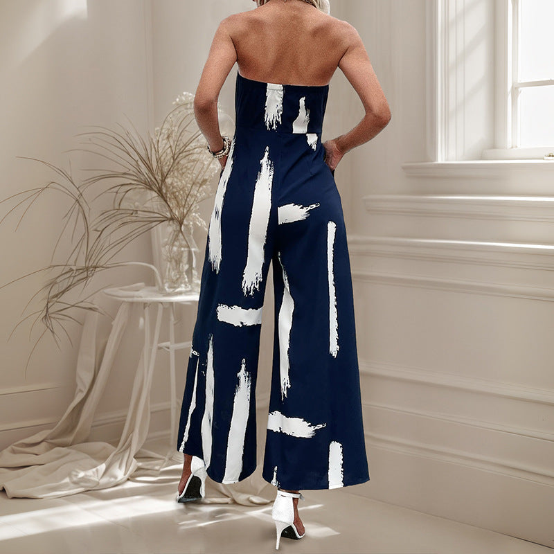 Damen Jumpsuit Schulterfrei Weites Bein Bindegürtel Eveloria