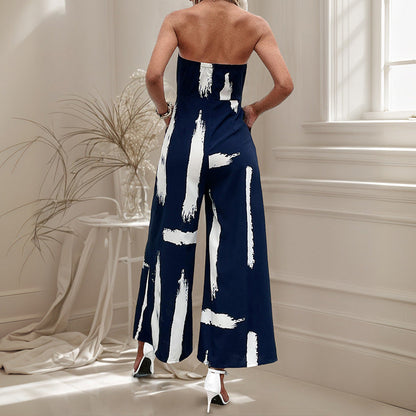 Damen Jumpsuit Schulterfrei Weites Bein Bindegürtel Eveloria