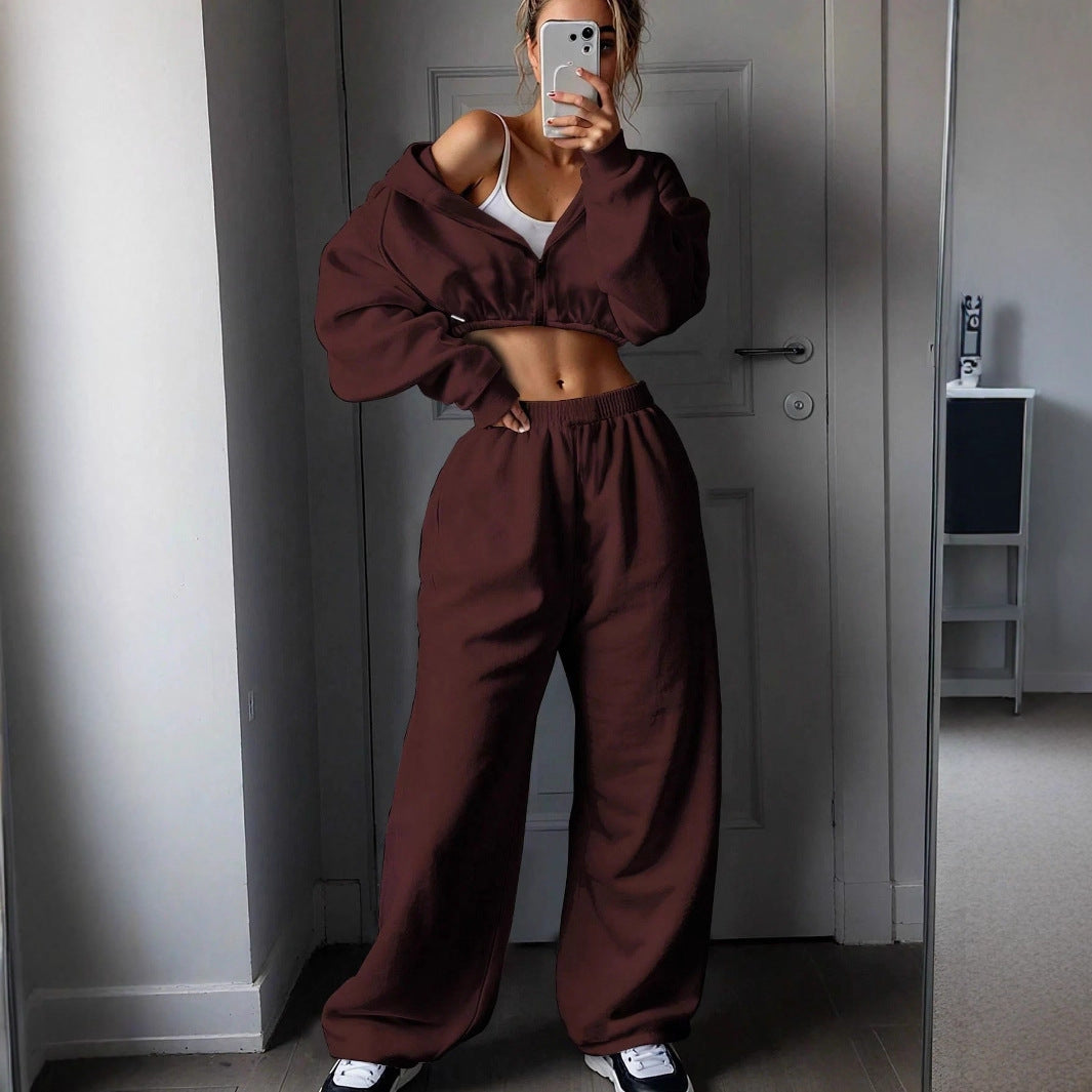 Damen Sweatshirt Set Cropped mit weiter Jogginghose Grau