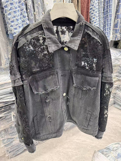 Damen Denimjacke Spitzenverzierung Blau