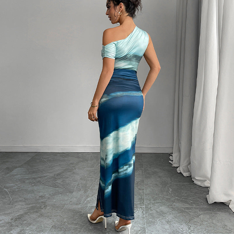 Damen Maxikleid Asymmetrisch Schulterdesign Hochschlitz
