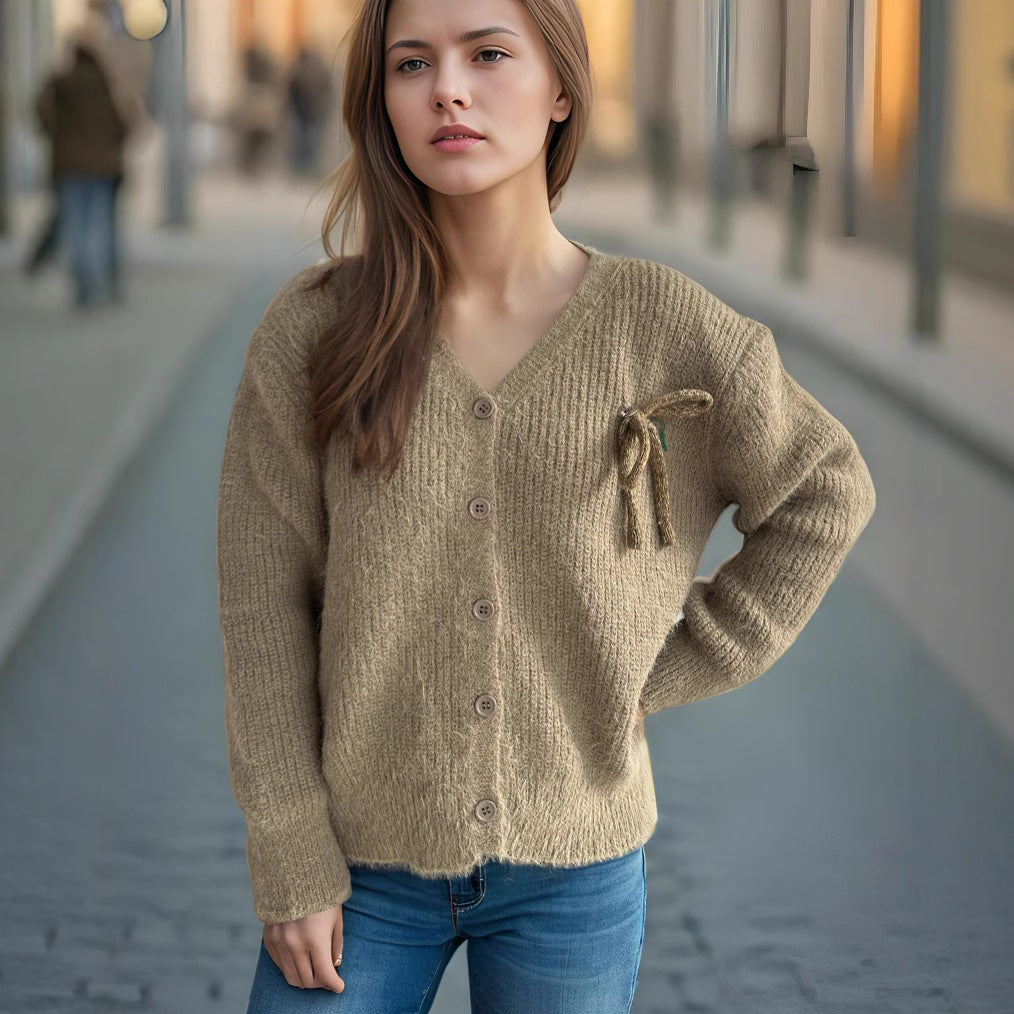 Damen Strickcardigan Feinripp mit Knöpfen Beige - Eveloria